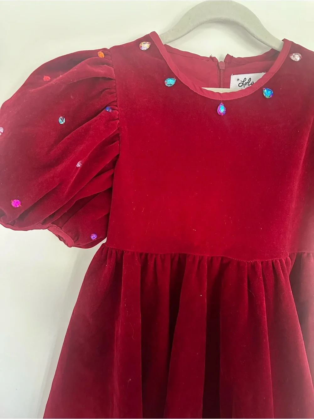 Lola & The Boys velvet rainbow gem burgundy puff sleeve Christmas dress 8